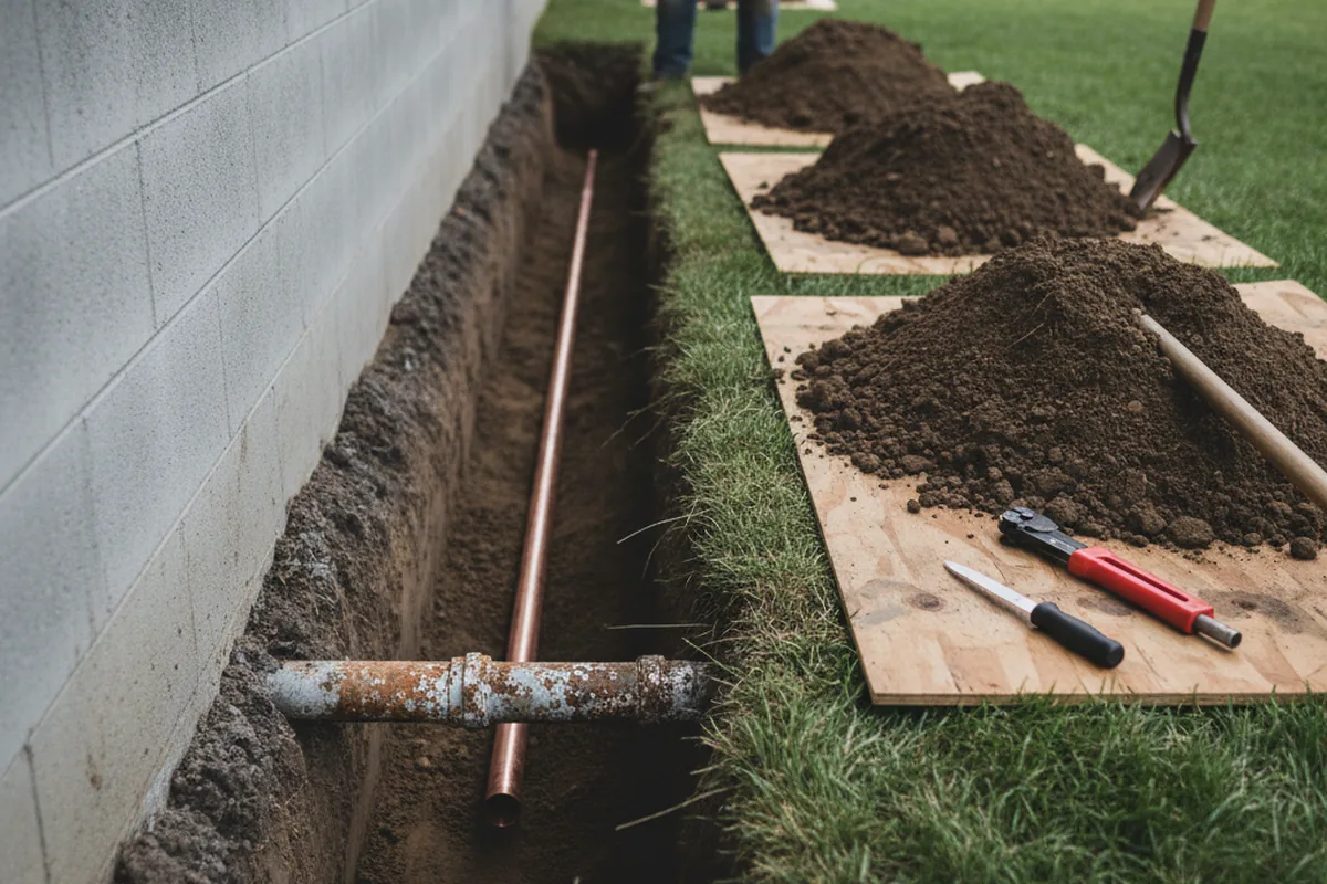 Excavated water line trench during Sewer Line Repair in Chandler